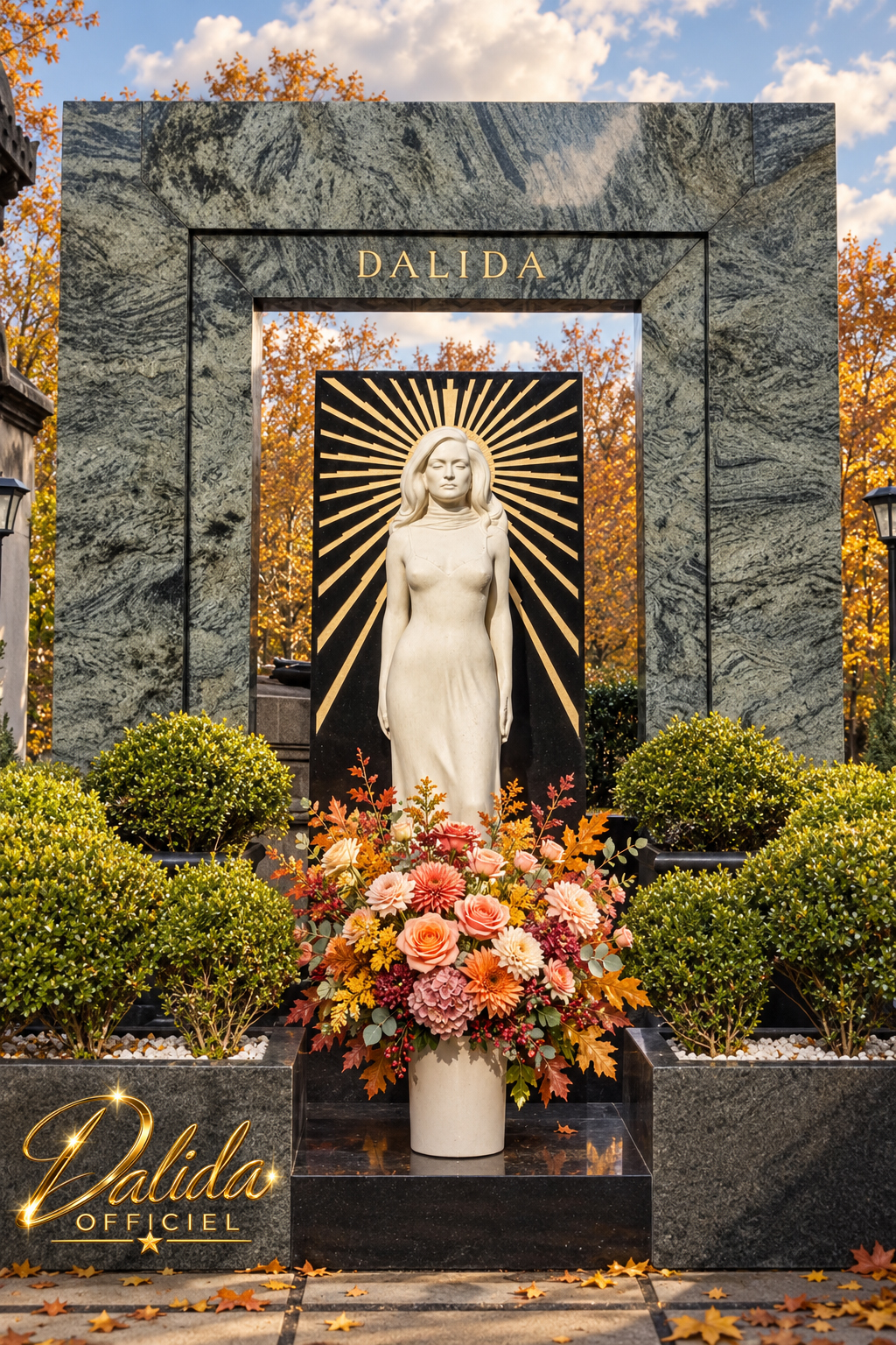 Tombe de Dalida au cimetière de Montmartre à Paris, avec la statue de Dalida et une composition florale pour la Toussaint 2026